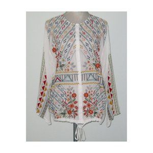 NWT Johnny Was Embroidered EZRA Blouse TOP Drawstring Hem White Rayon L MSRP$310